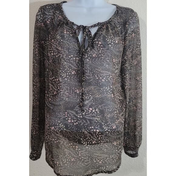 Ann Taylor Loft Brown Pink Sheer Floral Print Shirt XS Tie Front Closure Soft - Picture 1 of 5